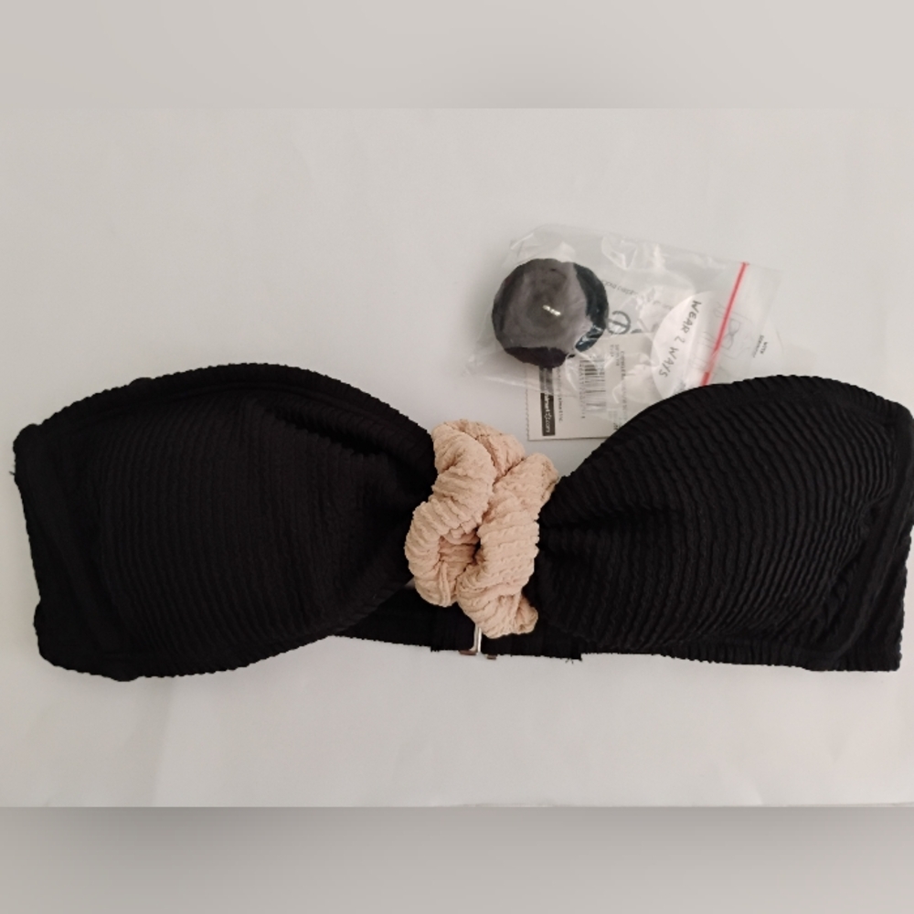 Hit Rewind Crinkle Bandeau Swim Top W/ Scrunchy Black Women's M (7-9)